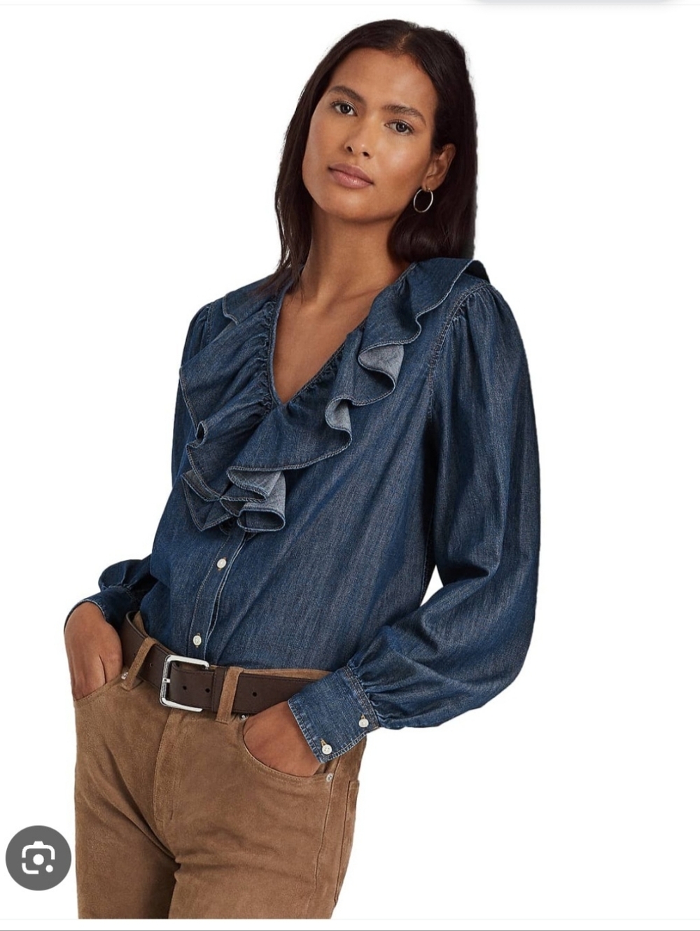 Lauren Ralph Lauren Women’s Blue Ruffle-Trim Denim Blouse V-Neck Size L